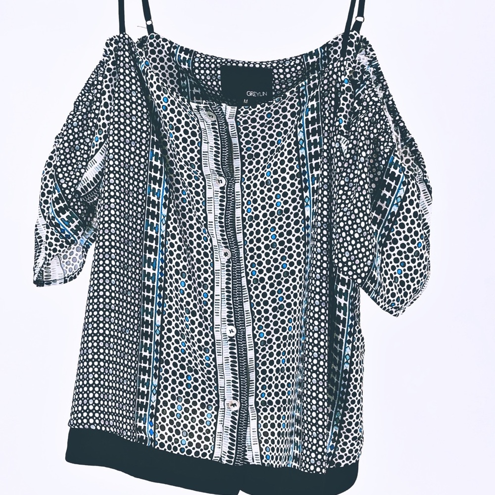 MXED DOT BLACK BLUE COLD SHOULDER SLEEVE MEDIUM - Picture 9 of 15